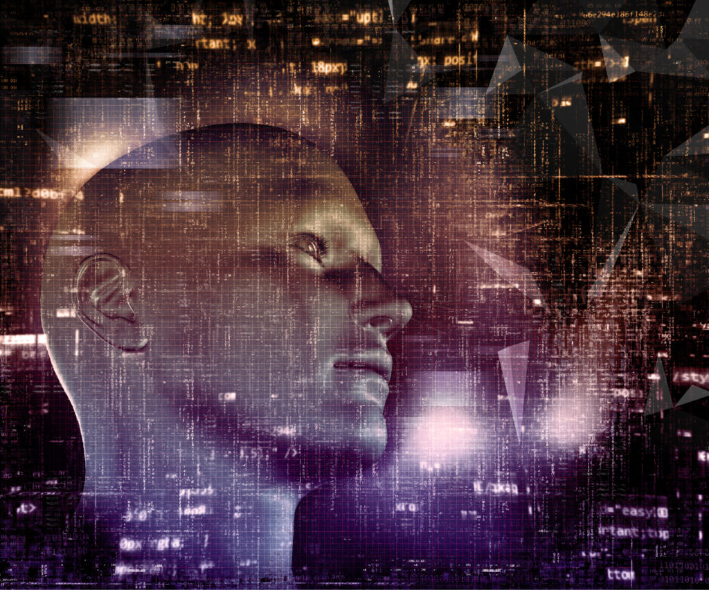 3D techno background with male head and programming code